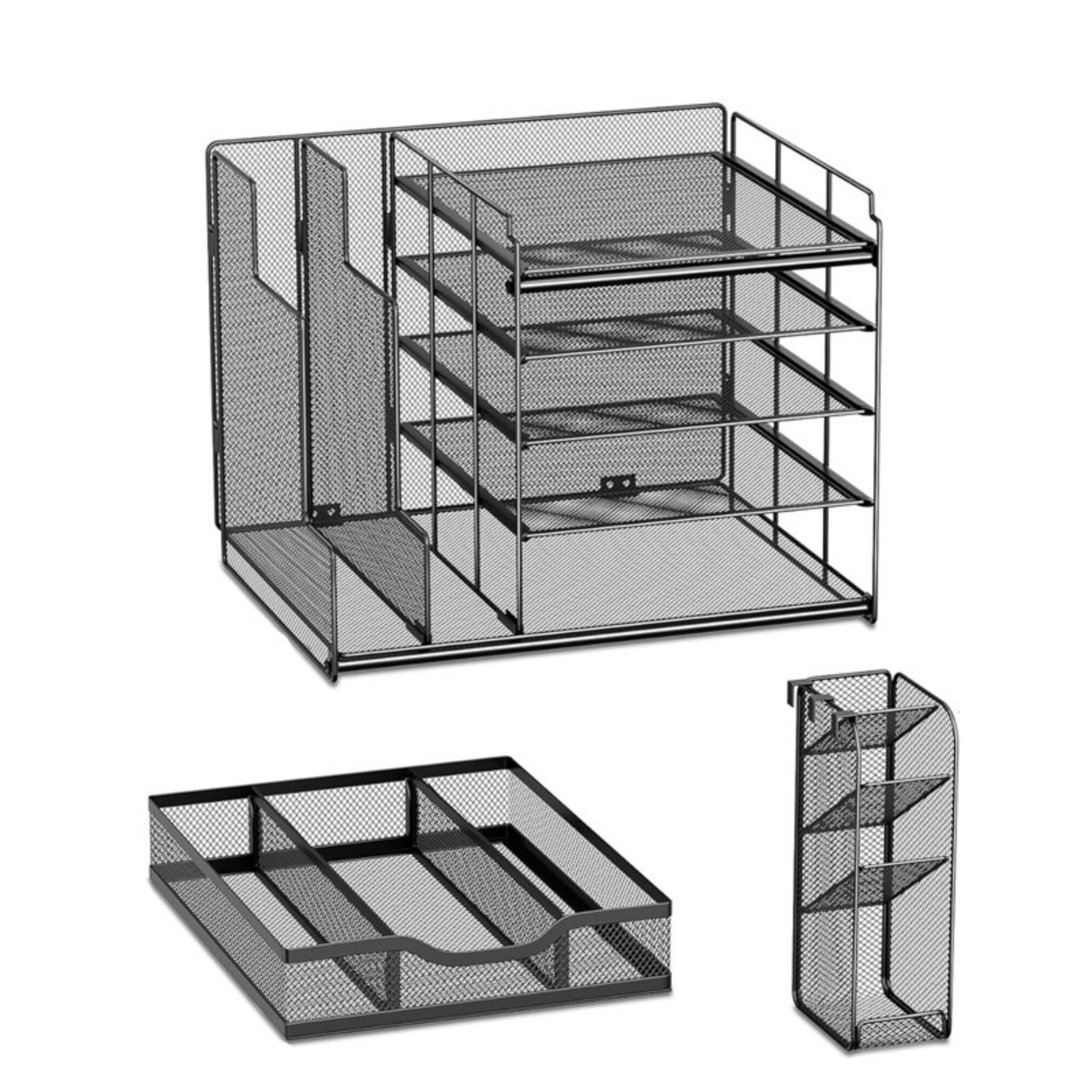 Desk Organizer with Drawer, 4-Tier Mesh Desk File Organizer with 2 Vertical File Holders and Pen Holders, Multifunction Desktop Organizer（New upgrade）