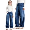 thumbnail image 2 of Girls Solid Denim Jeans Wide Leg High Waist Loose Fit Baggy Full Length Casual Streetwear Trousers for Teenagers Youth Kids Blue 10 Years-11 Years, 2 of 6