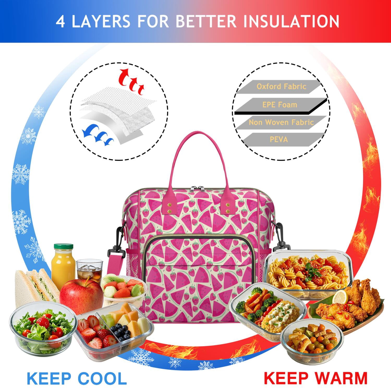 Watermelon Print Insulated Lunch Tote Bag - Leakproof Cooler Bag for Office, Beach & Summer Party, Multi-Pocket Waterproof Thermal Tote for Fruits & Food