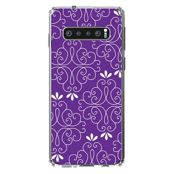 DistinctInk Clear Shockproof Hybrid Case for Samsung Galaxy S10 (6.1" Screen) - TPU Bumper, Acrylic Back, Tempered Glass Screen Protector - Purple White Floral