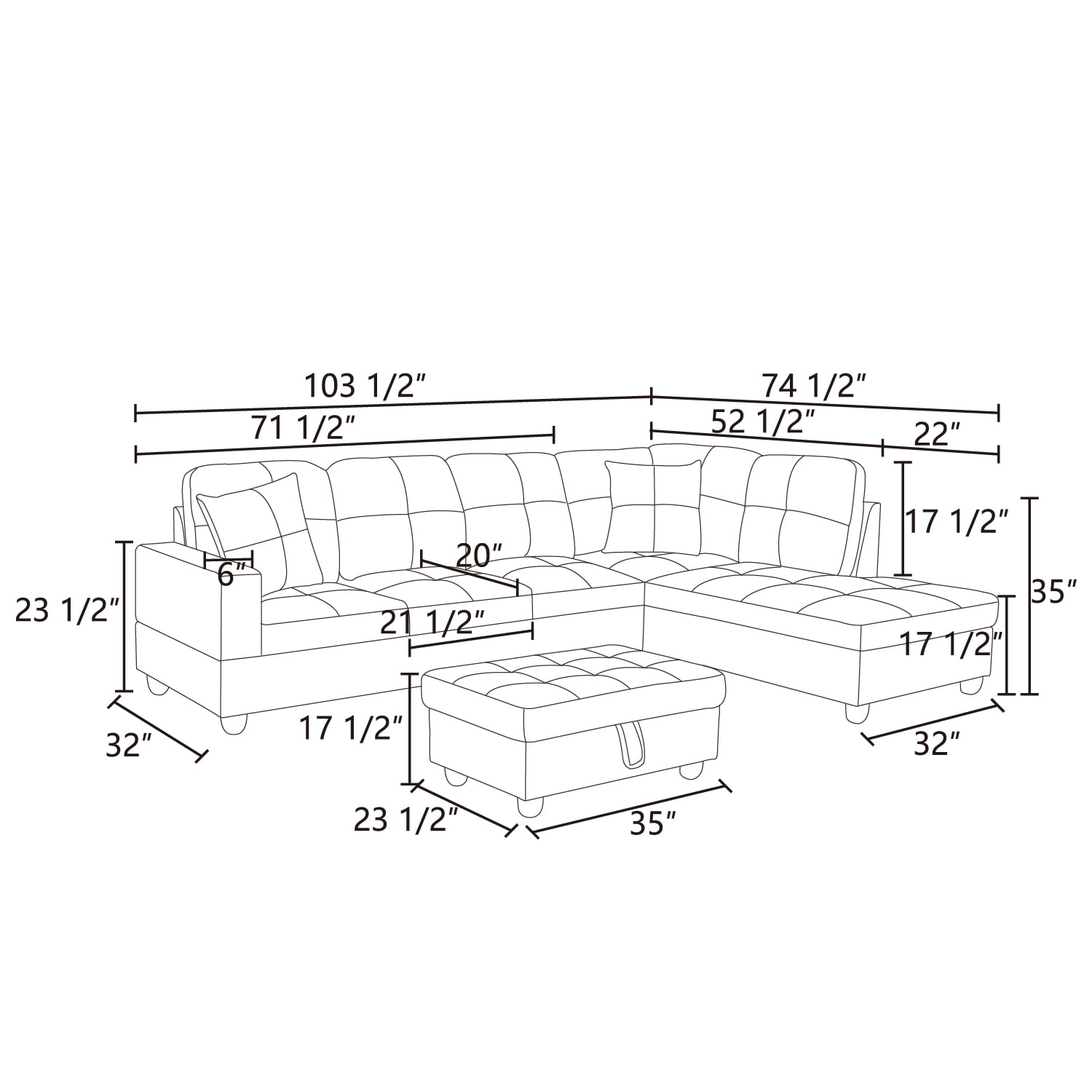 Hommoo Lint and PVC Living Room Furniture Sets, L Shaped Couches and Sofas, Modern Sectional Sofa for Home & Office, Beige and Brown(No Ottomans)