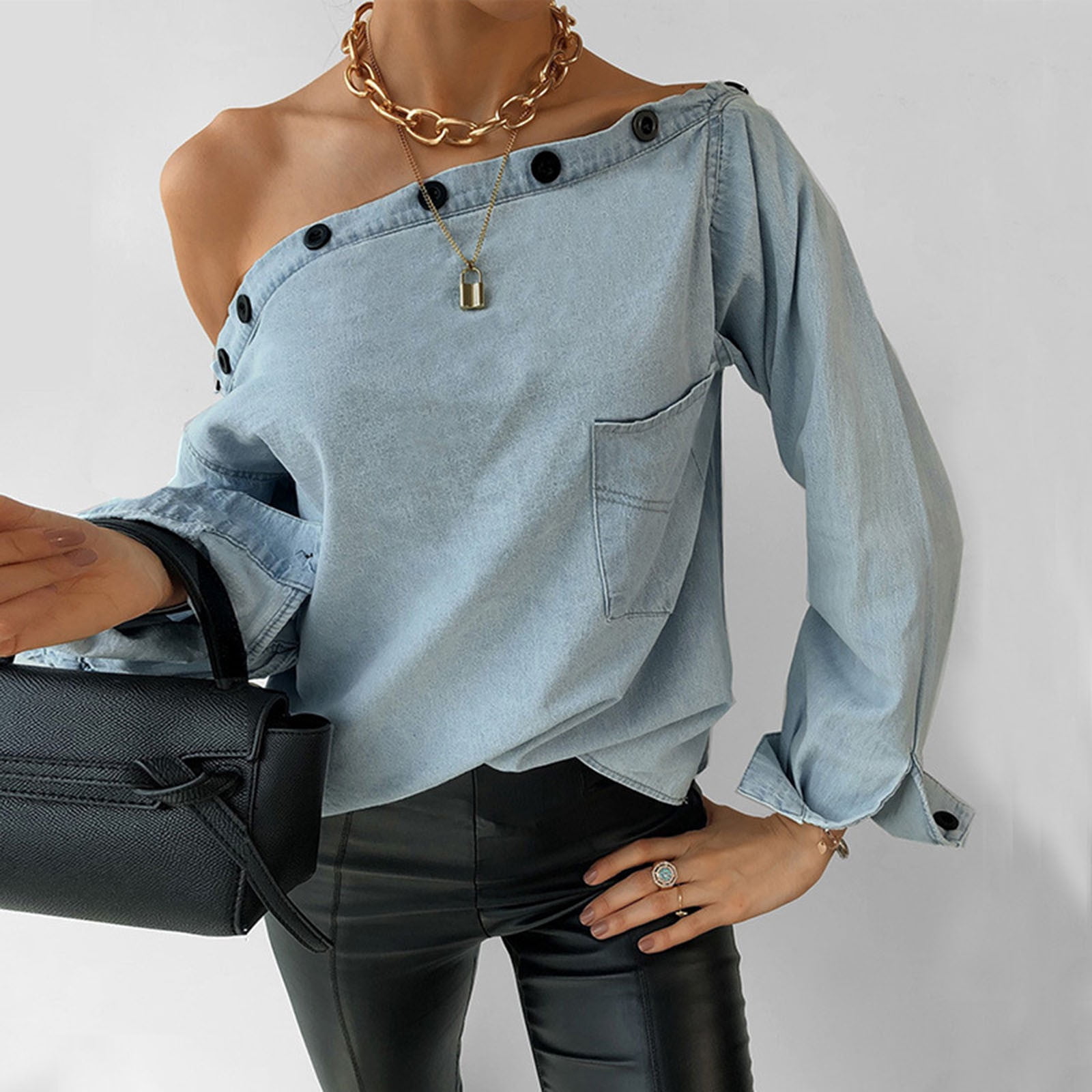 Shoulder Jean Shirt Blouse Button 