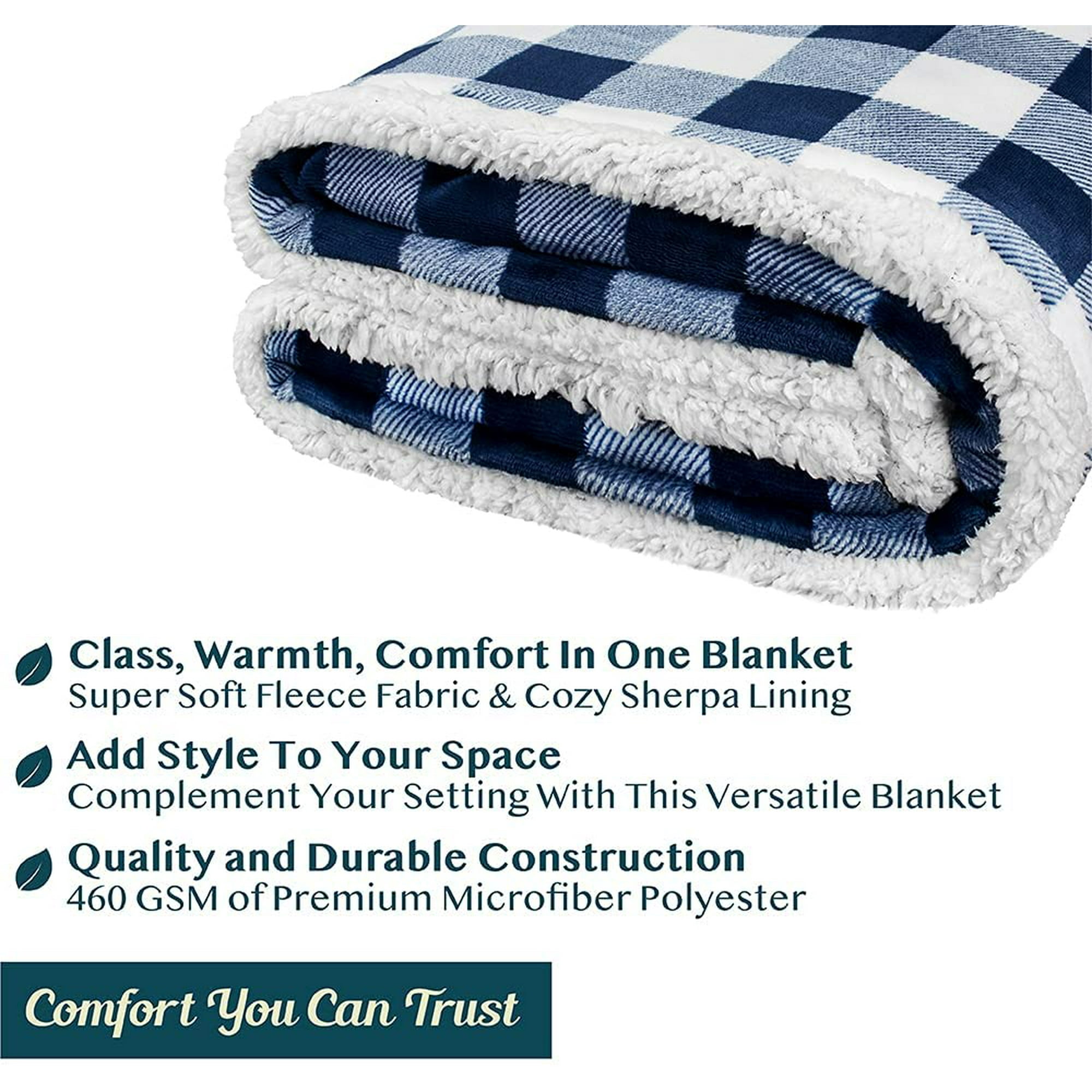 Htooq Buffalo Plaid Sherpa Blanket Throw Twin Fuzzy White Navy Blue Checkered Flannel Fleece Blanket For Couch Bed Fluffy Warm Soft Plush Microfib