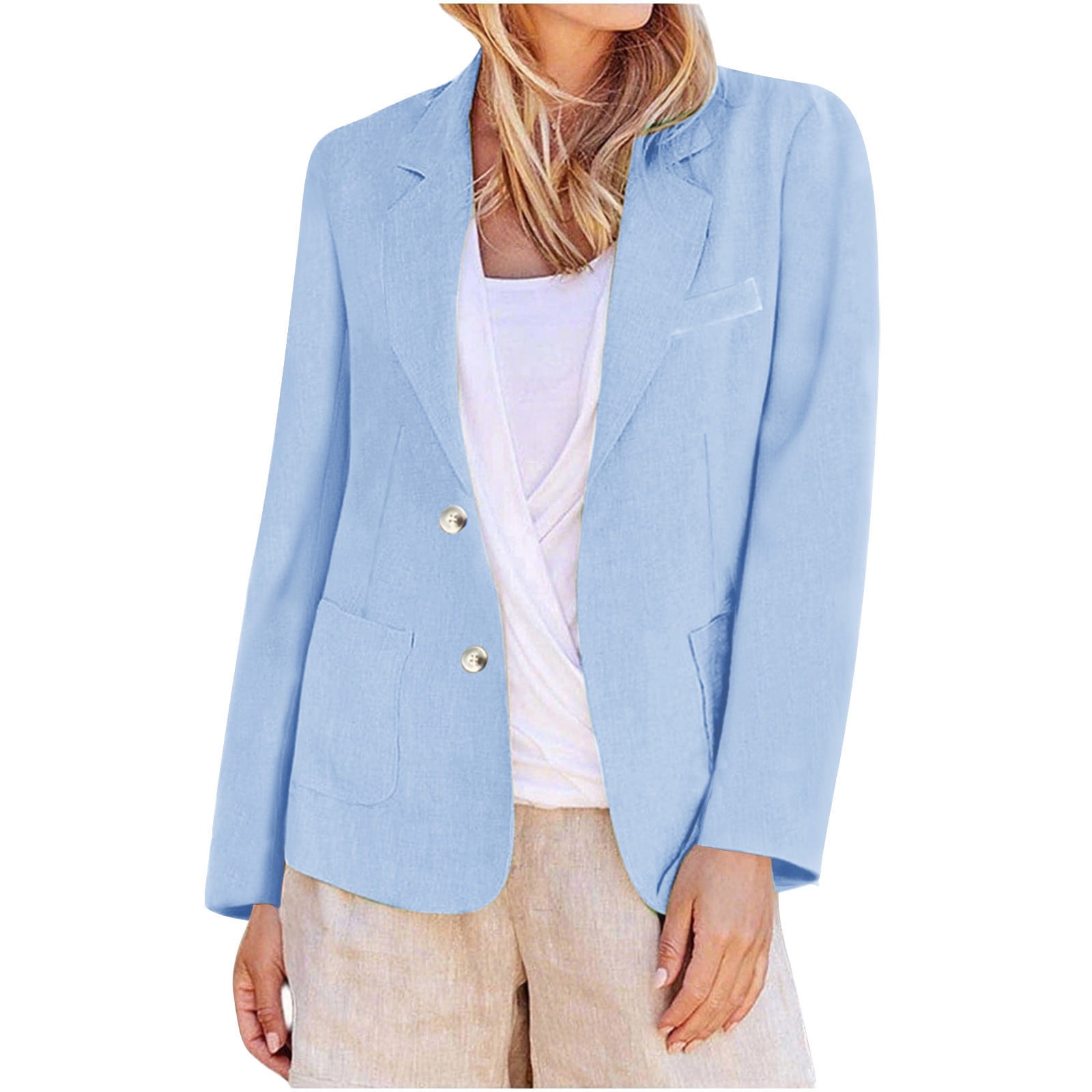 RYRJJ Cotton Linen Blazers for Women Lightweight Long Sleeve Notch Lapel Button Down Suit Jacket Casual Work Blazer with Pockets(Light Blue,S)