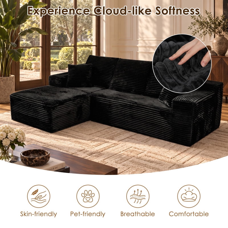avobird 107" Boneless Cloud Modular Sectional Sofa Couch with Left Side L-Shape Chaise,Modern Corduroy Upholstered Couches for Living Room Bedroom,Deep Seat Corner Couch, Black