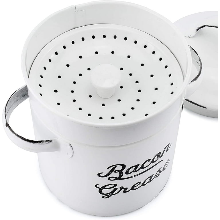 HOOMUU Bacon Grease Container with Fine Strainer - Farmhouse Style White  Enamel Can for Kitchen Counter Storage Decor - Durable & Easy to Clean