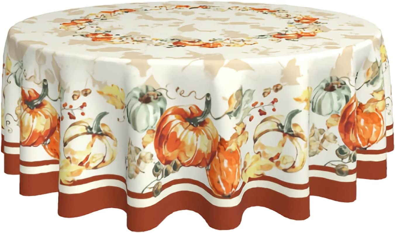Autumn Pumpkin Round Tablecloth Thanksgiving and Fall Leaf Decorative ...