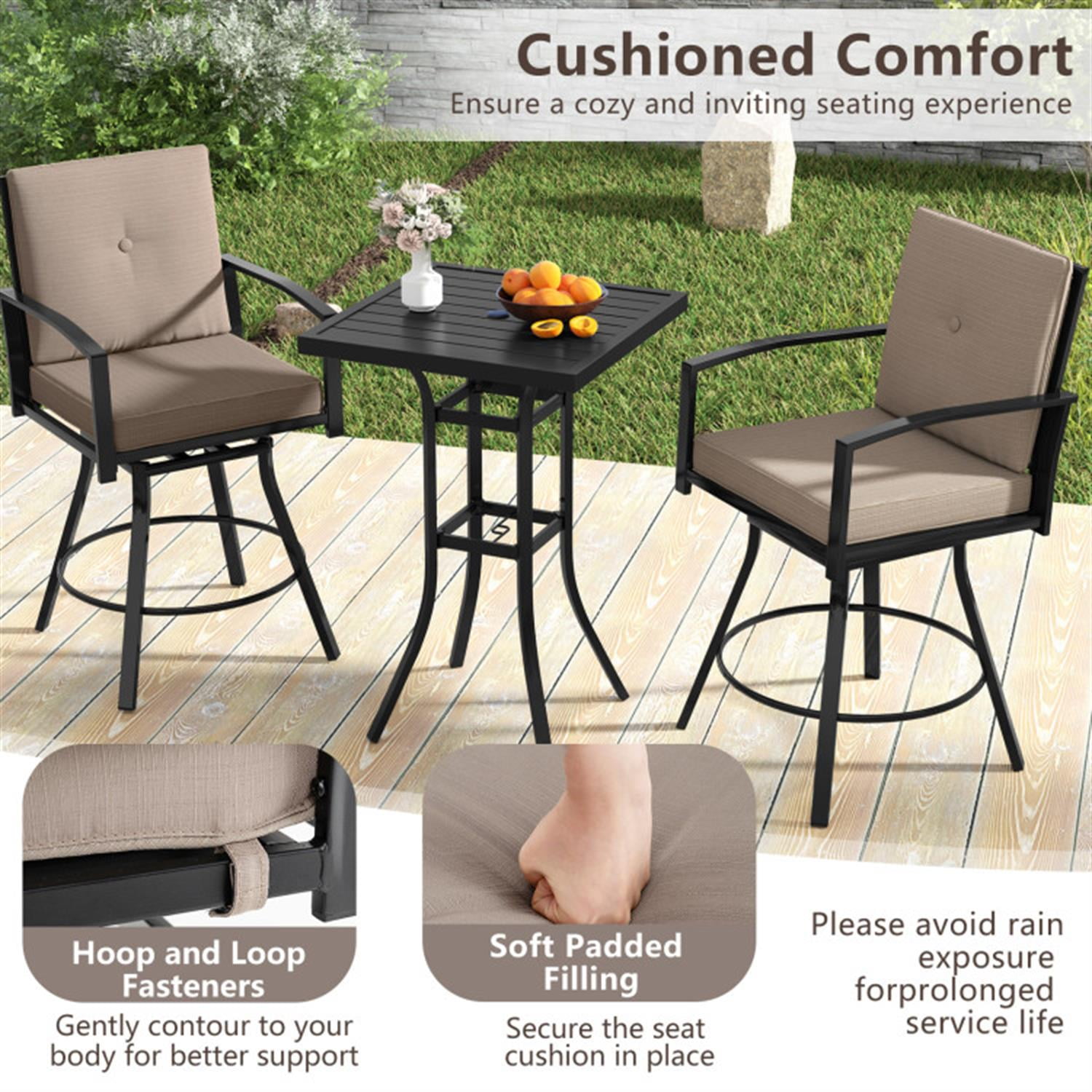 Demi Bonn 3 Pieces Patio Swivel Bar Set with Soft Cushions and Umbrella Hole, Outdoor Bistro Sets Accent Furniture for Yard, Garden, Brown