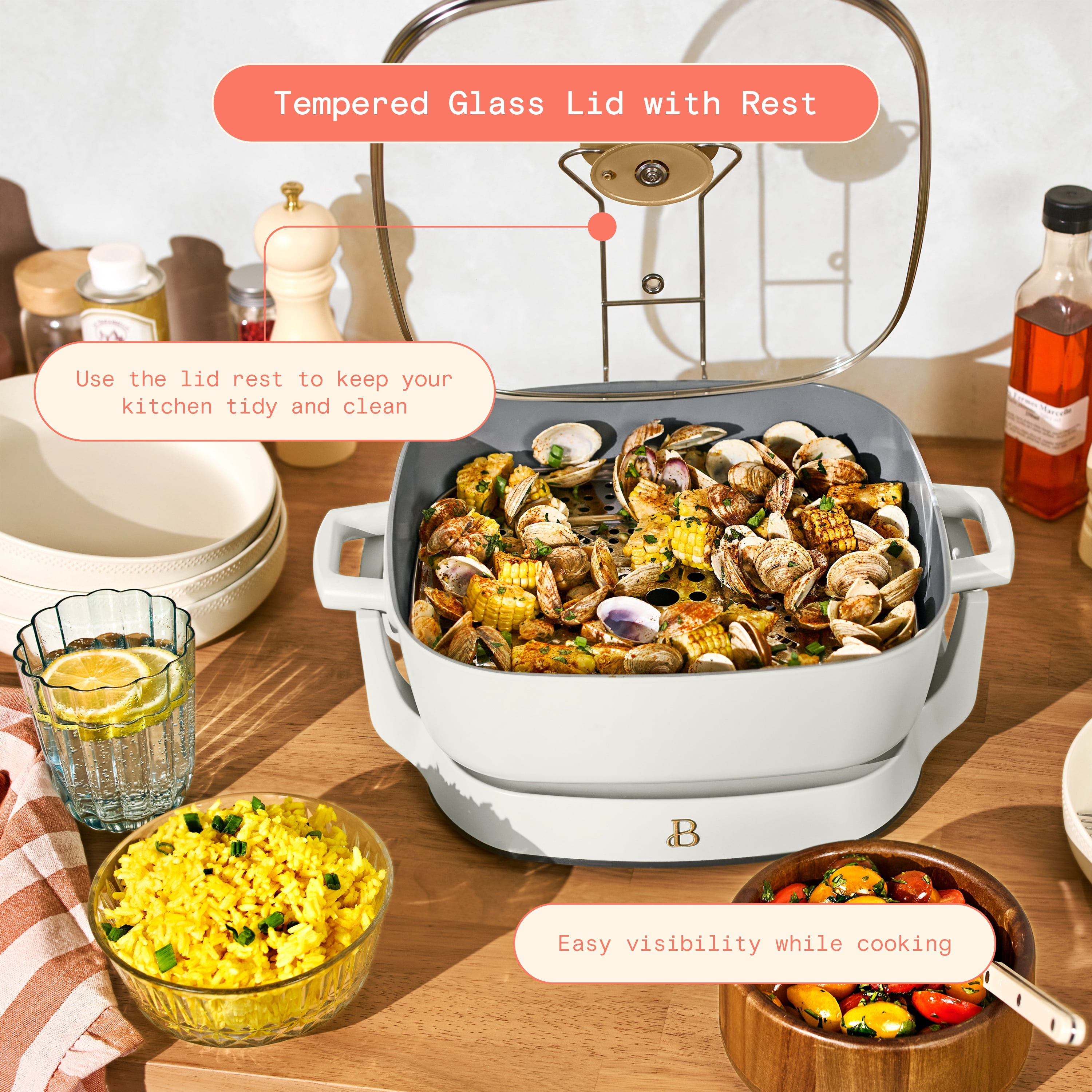 Beautiful 5-in-1, 12" x 12" Detachable Electric Skillet with EverGood Ceramic Nonstick Coating, White Icing by Drew Barrymore
