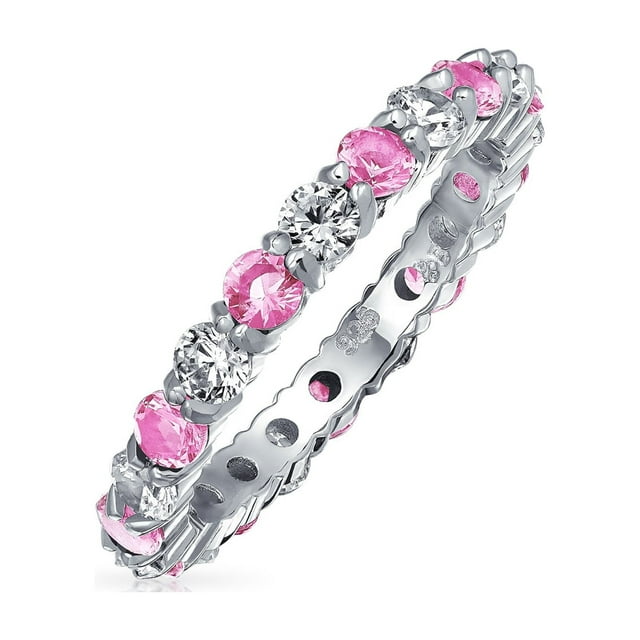 Cubic Zirconia Purple White Alternating Stackable CZ Eternity Band Ring Simulated Amethyst .925 Sterling Silver February Birth Month