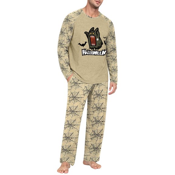 Voska Men's Halloween Ghost Graphic Pajama Set Crew Neck Raglan Long Sleeve Top Pumpkin Print Straight‑Leg PJ Pants Soft Sleepwear For Fall Spooky‑Season Loungewear Beige L
