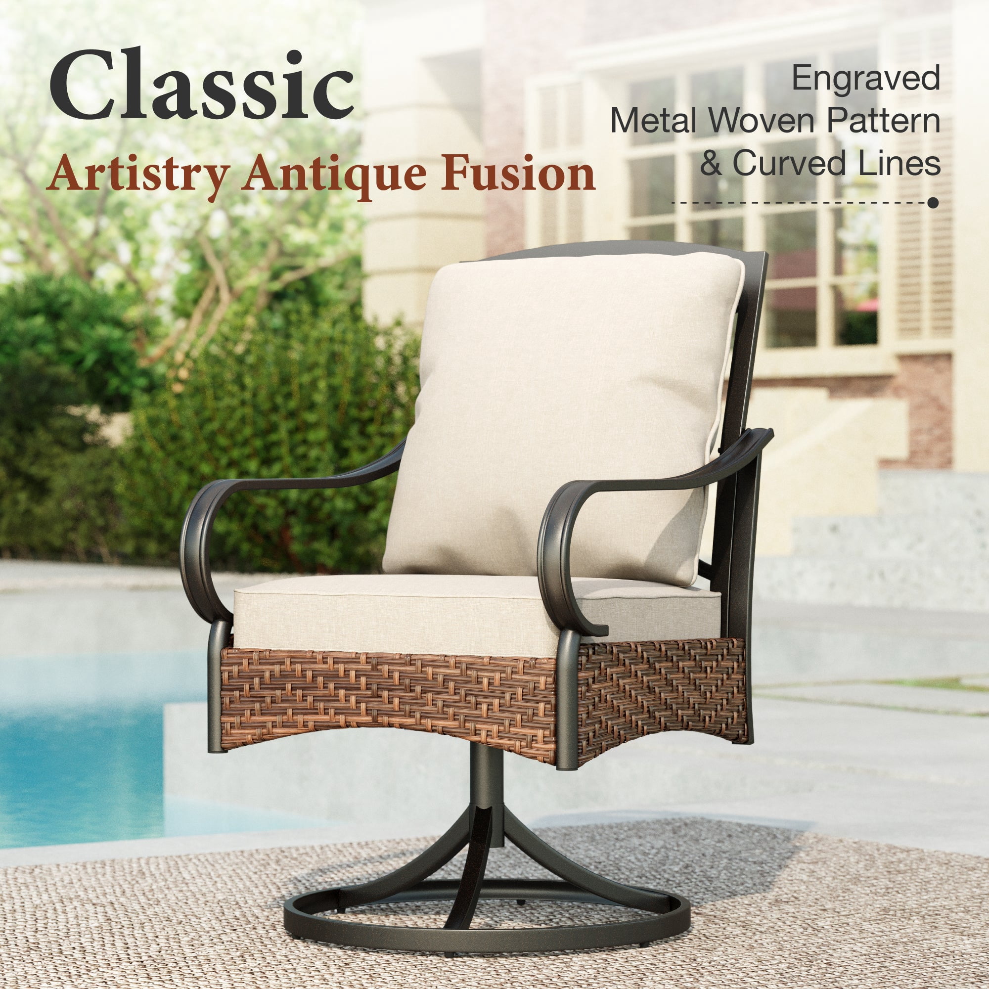 7-Piece Outdoor Patio Dining Set, 60" Rectangular Patio Table and Swivel Chairs with Seat & Back Cushion for 6 People, Black & Beige