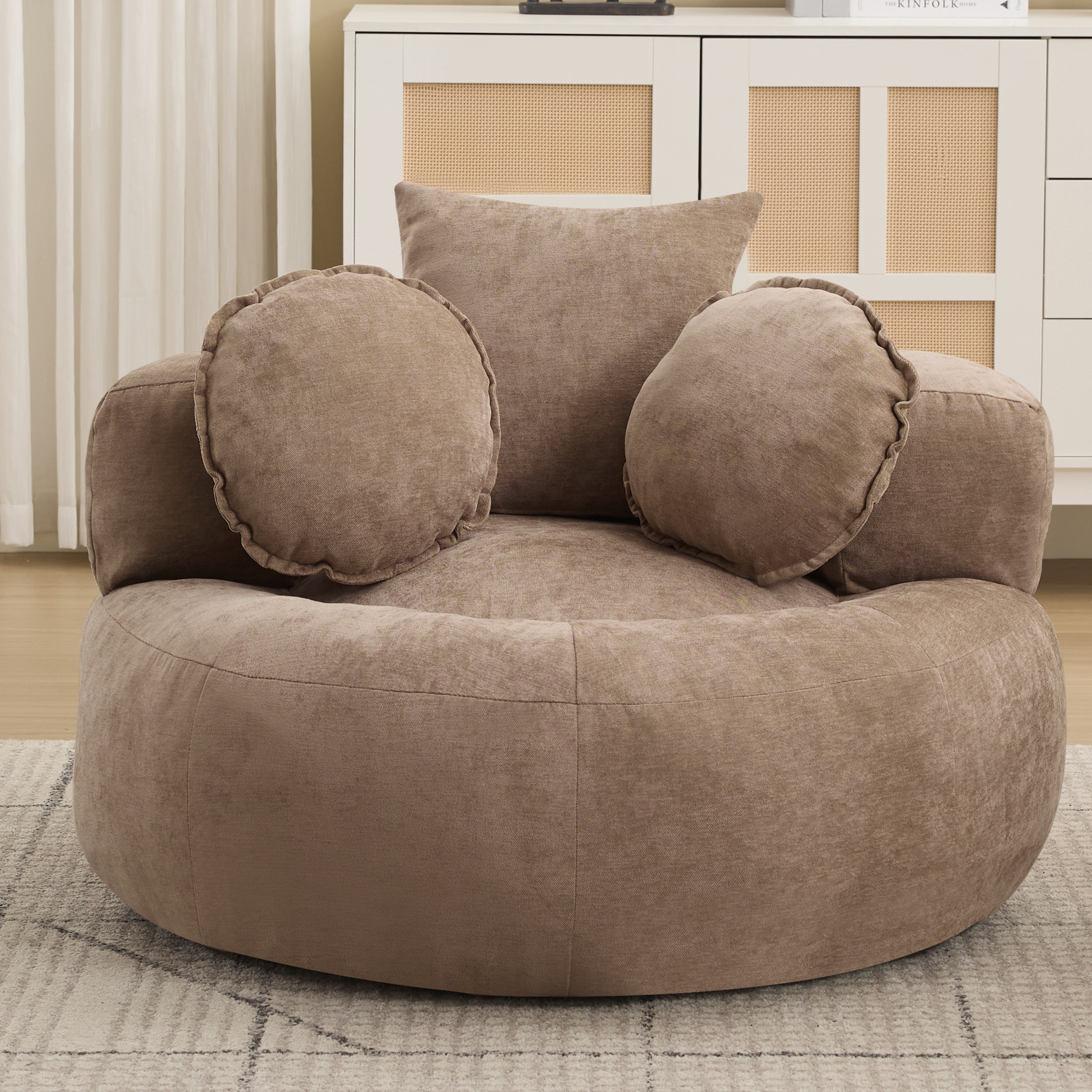 43'' Round Oversized Chaise Lounge Indoor Chair, No Assembly Chenille Compressed Circle Sofa Bed,Comfy Upholstered Sleeper Couch,Lazy Bean Bag Couch for Living Room, Bedroom,Brown