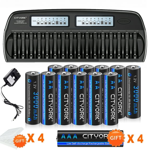 12 AA and 4 AAA Ni-MH Batteries, High Capacity Low Self Discharge 1.2v Rechargeable Batteries with 16 Bay Smart LCD Independent Slot Battery Charger for 1.2V AA AAA Rechargeable Batteries
