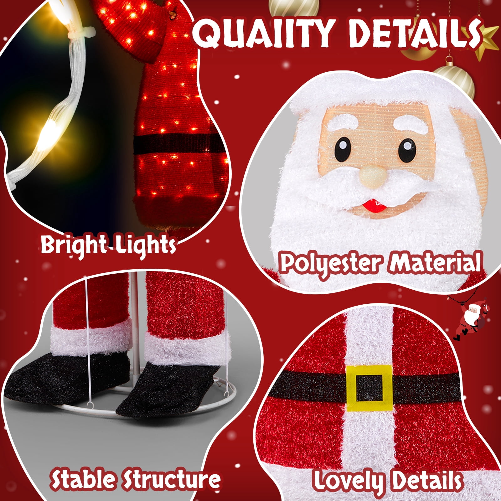 Astoutdoor 6 ft Lighted Santa Christmas Yard Decoration, Pre-lit Pull Up Santa with 180 LED Warm White Lights and Ground Stakes, White