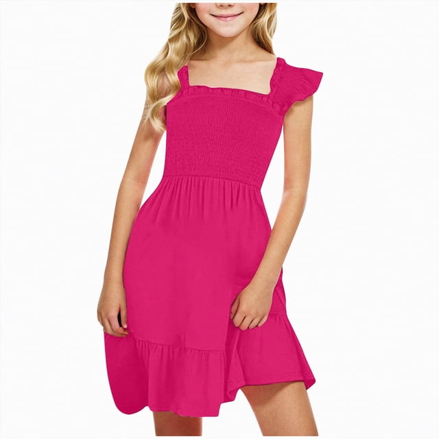 gdxvjhbj Robe pour Bébé Robe Fille Été Manche à Volants en Maille Ligne A Décontractée Robe de Fête avec Poches 4T 5T (Rose Vif,4-5 Ans)