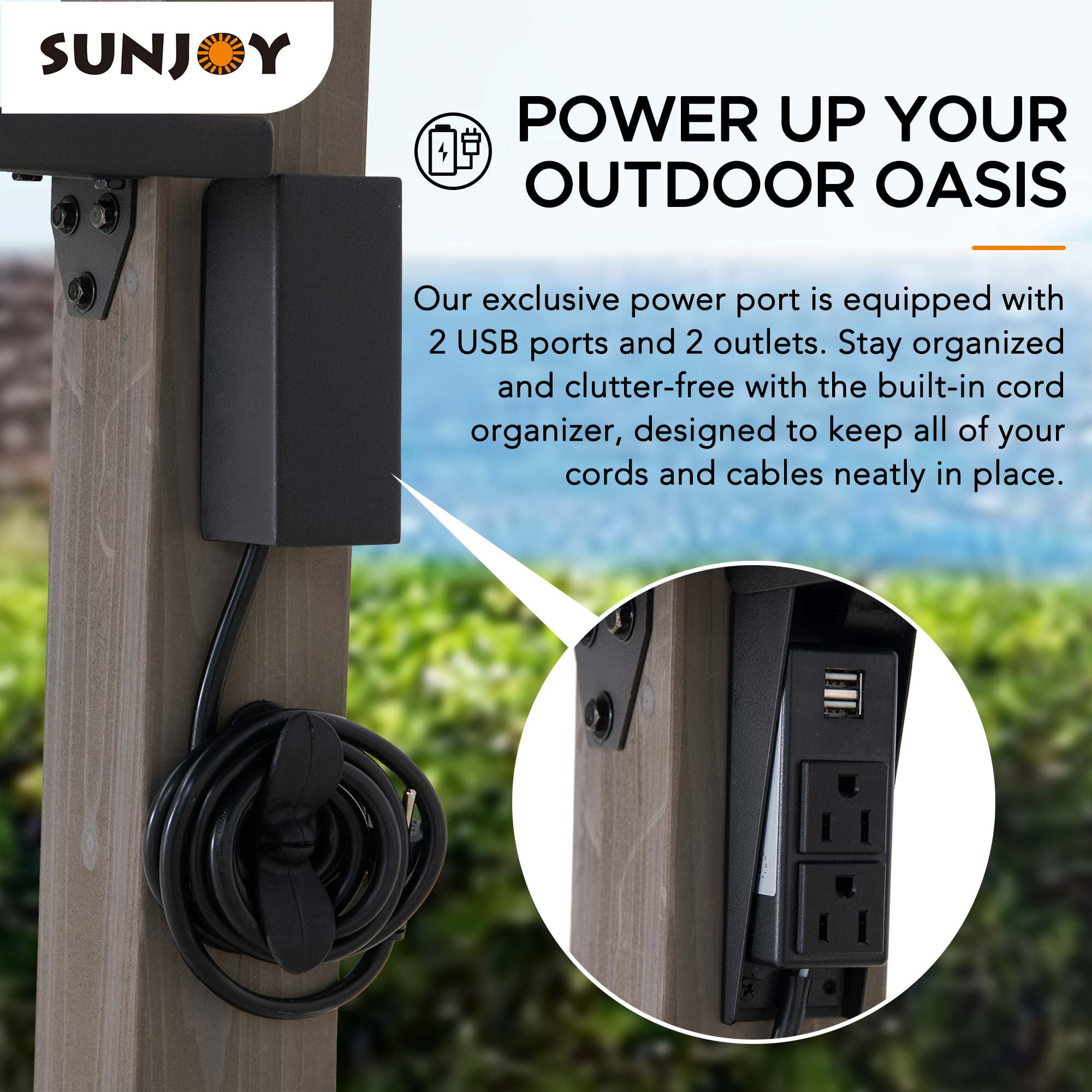 SUNJOY Gazebo à grillades Churchill 8 pi x 12 pi à cadre en cèdre avec port d'alimentation CA exclusif noir