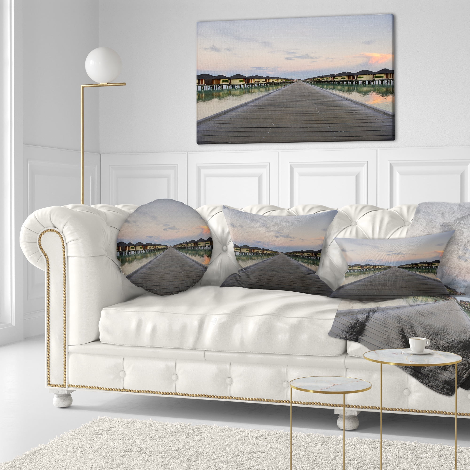 Designart Wooden Bridge to Water Home Villas - Wooden Sea Bridge Throw Pillow - 12x20