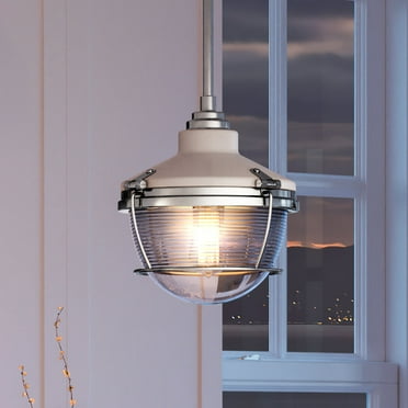 Luxury Lux Industrial Indoor Pendant, 10''H x 10''W, with Nautical Style Elements, Coastal Design, Polished Nickel & True White Finish and Clear Ribbed Glass, UEX2405