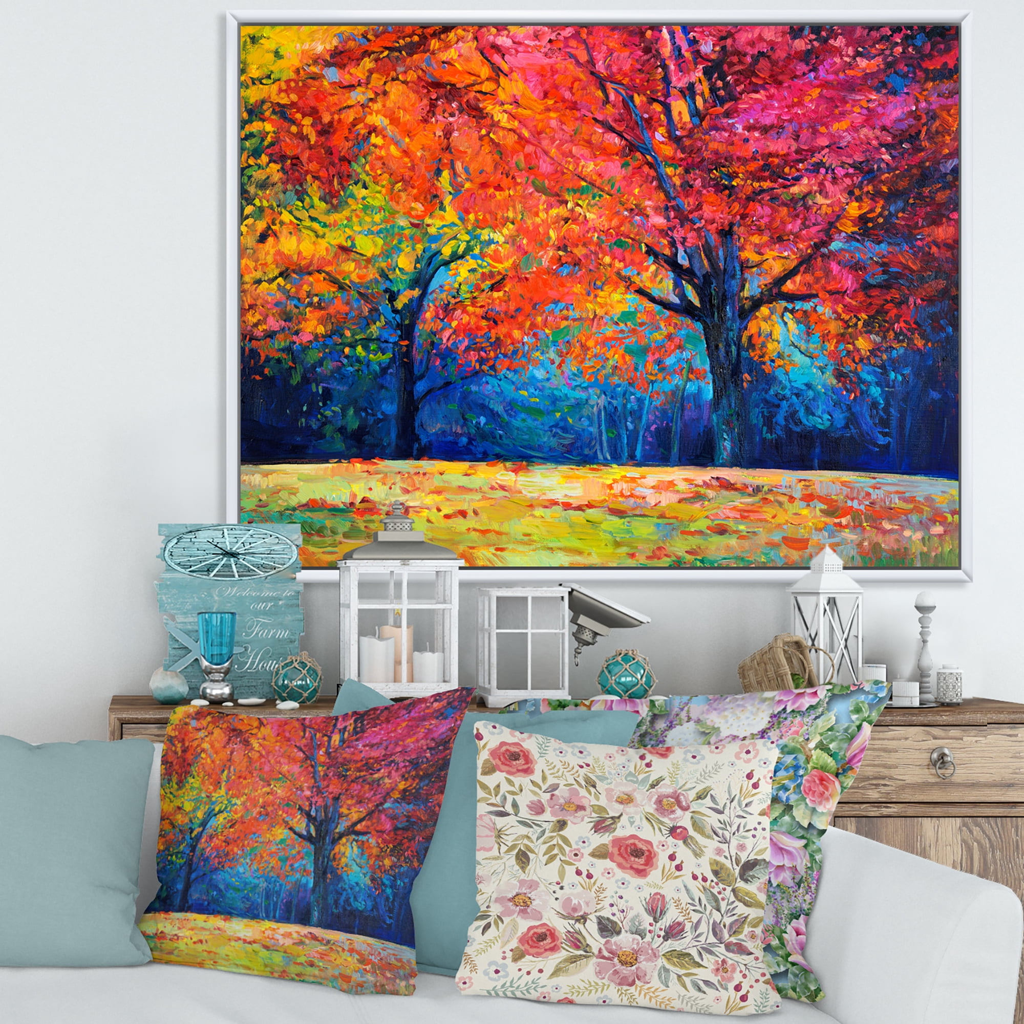 Abstract Vibrant Red Tree In Autumn Landscape 20 in x 12 in Framed Painting Canvas Art Print, by Designart