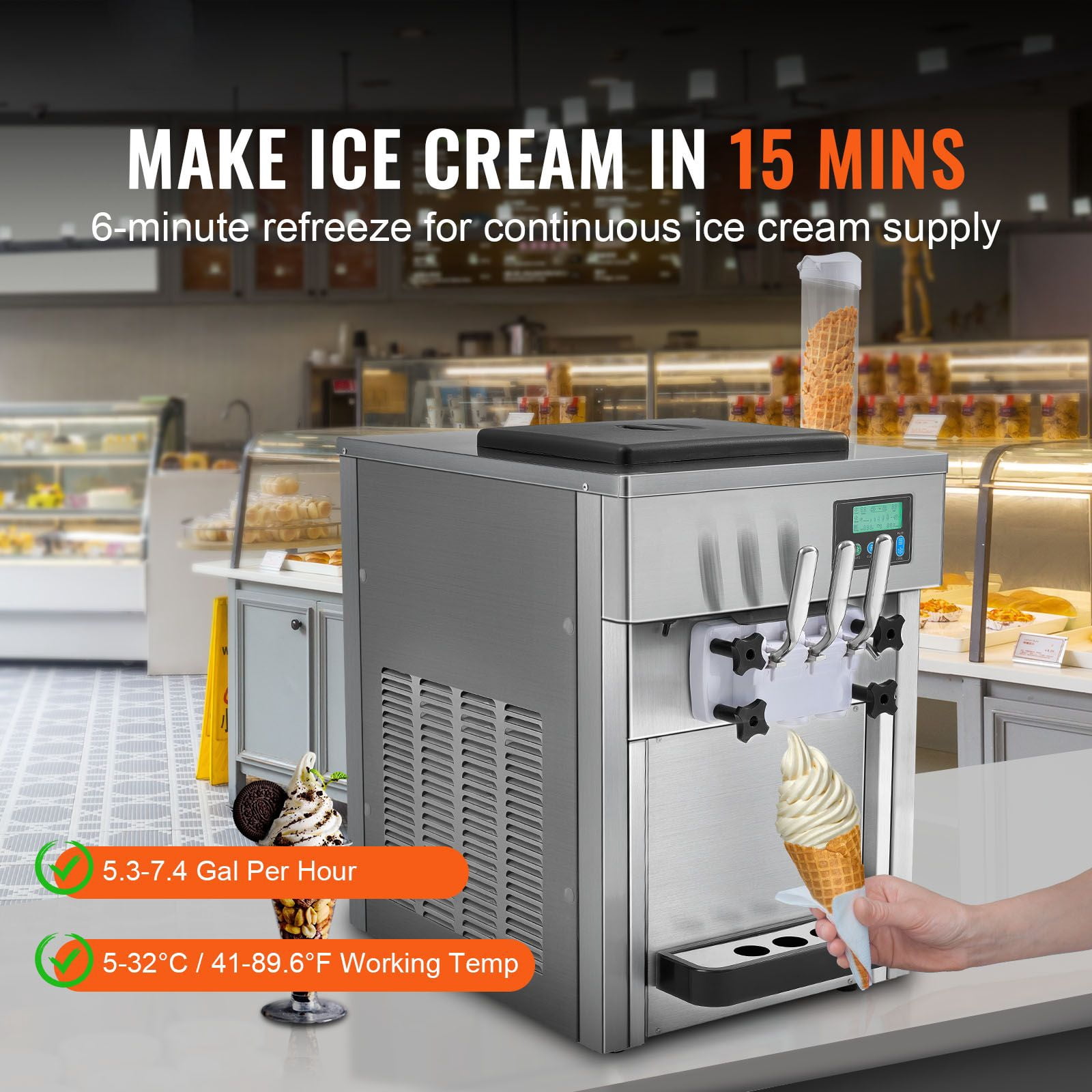 Countertop Soft Serve Ice Cream Maker, 21 QT/H Yield, 3 Flavors, 2x1.8L Cylinders, Auto Pre-cooling - Perfect for Snack Bars