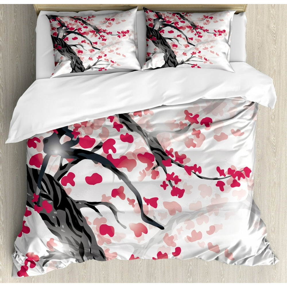 Cherry Blossom Queen Size Duvet Cover Set, Twisted Trunk of Cherry Tree