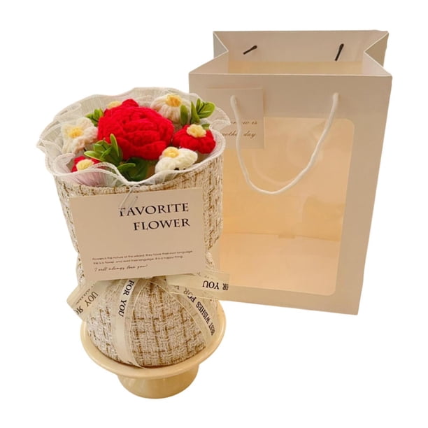 Ramo de flores de crochet Flores artificiales de crochet Arreglo floral Regalo para Rosa rojo