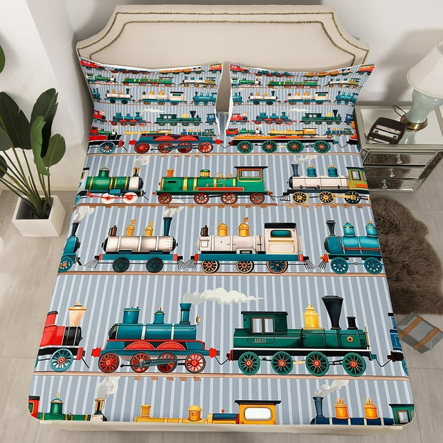 YST Kids Train Fitted Sheet Full Size Colorful Steam Engine Train Bedding Set Cartoon Train Transportation Bed Sheets,No Top Sheet