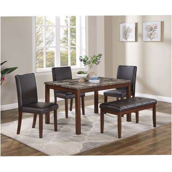 5-Piece Modern Dining Set with Faux Leather Chairs & Bench, Espresso Brown Rubberwood Table, Faux Marble Top for Kitchen & Dining Room