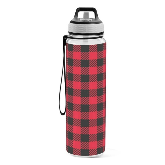 Motivational Water Bottle 32 oz with Straw, BPA Free Reusable Fitness Sport Bottle Perfect for Travel, School, Outdoors, and Gym Red Plaid
