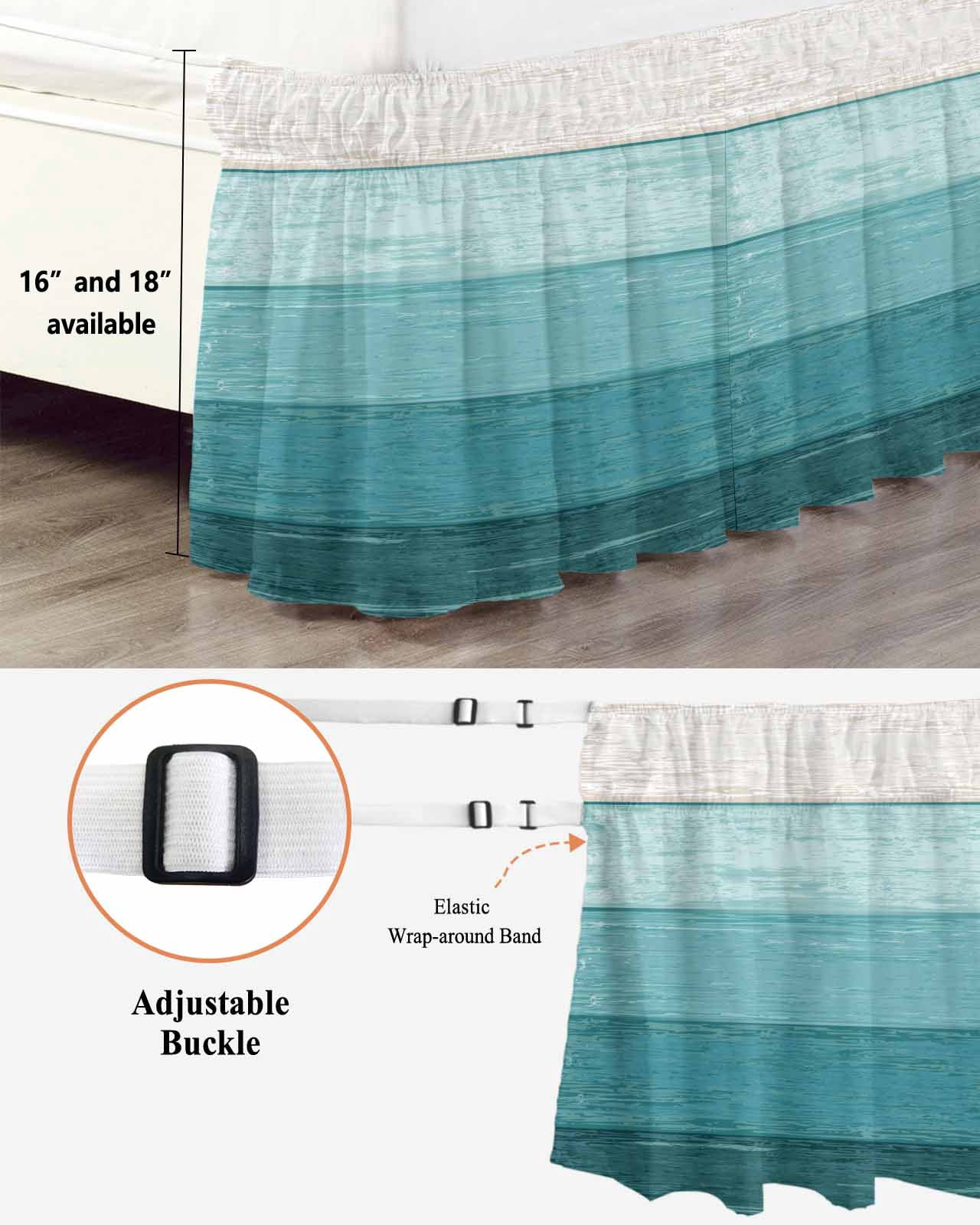Rustic Stripes Bed Skirt Aqua Gradient Farmhouse Wood Grain Bed Skirts King Size 18 Inch Drop, Wrap Around Dust Ruffle&nbsp;Bedskirt with Adjustable Elastic Belt for Queen Size Beds