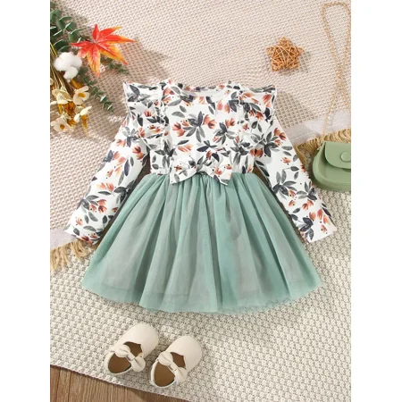

Baby Girl Dress Round Neck Long Sleeve Bow Mesh Floral Print Spring Autumn
