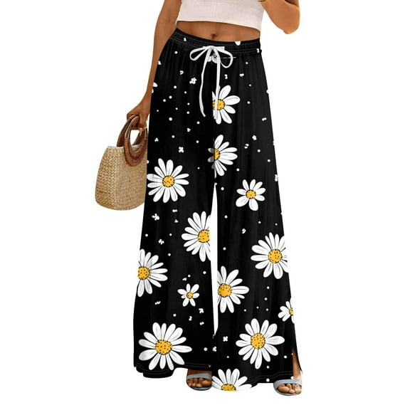 WTOBBY Women's Floral Print Wide Leg Pants with High Waist Drawstring Loose Casual Design and Side Pockets for Comfortable Summer Wear ,Black L