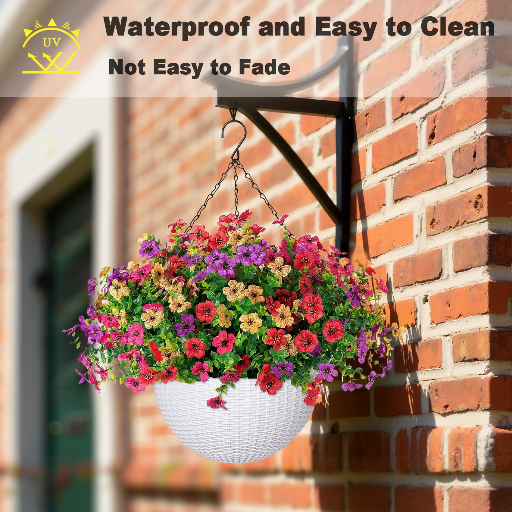 Scidweet Artificial Hanging Flowers, 12 Pcs Fake Flowers Faux Plants with Imitation Woven White Basket for Outside Indoor Spring Summer Decoration for Home Garden