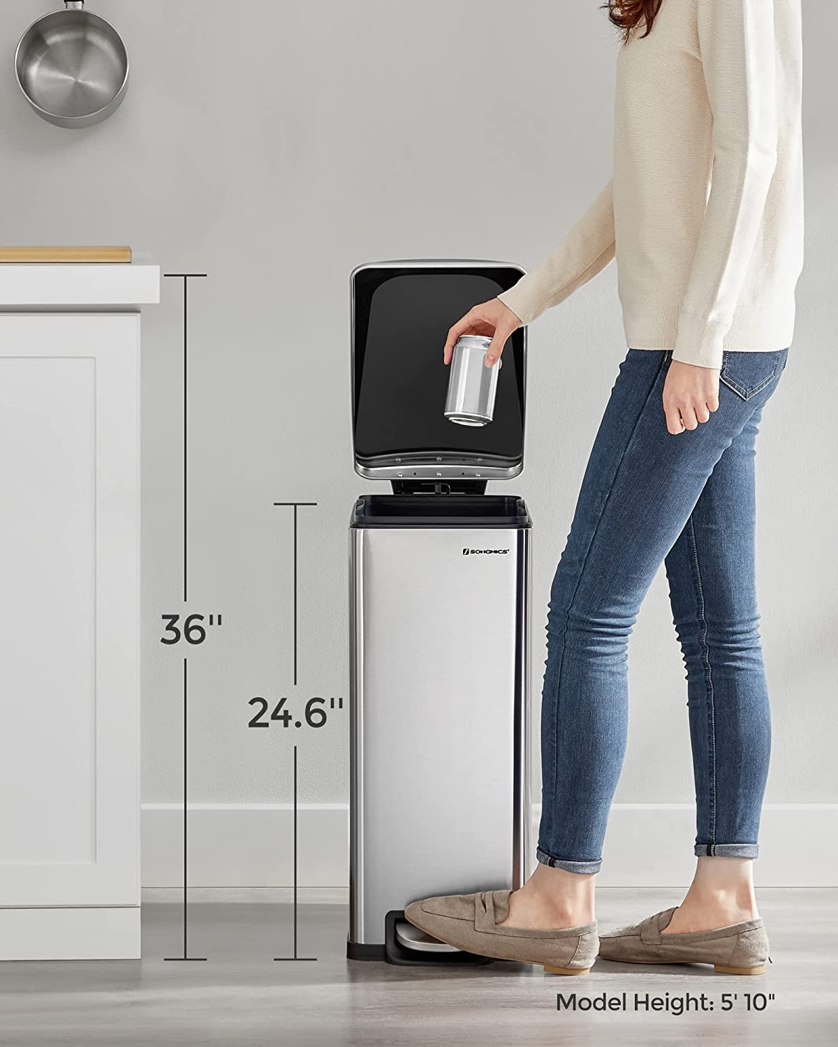 12.7 Gallon Slim Trash Can, Kitchen Garbage Can for Narrow Spaces, Stainless Steel, Silver