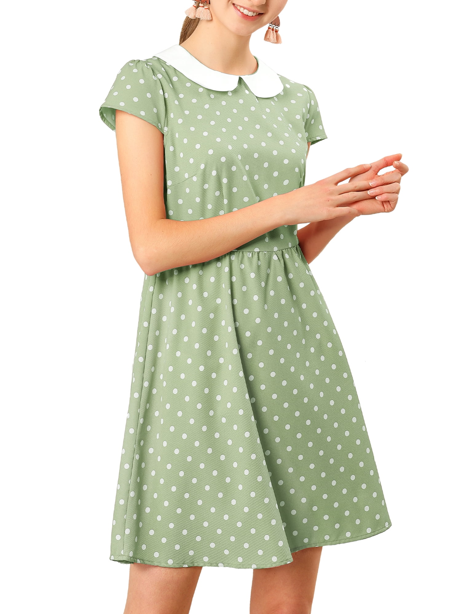 DARING DIVA Polka Dots Peter Pan Collar Above Knee Dress S Green