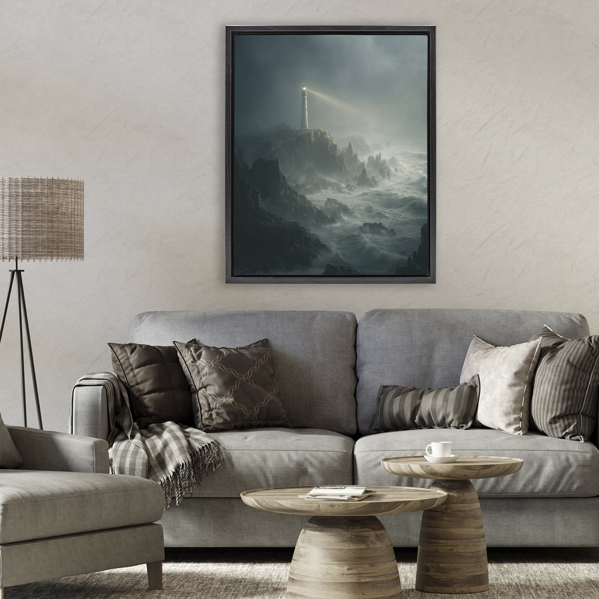 Lighthouse and Stormy Cliff Black Framed Floater Canvas Wall Art, design by Ziwei Li