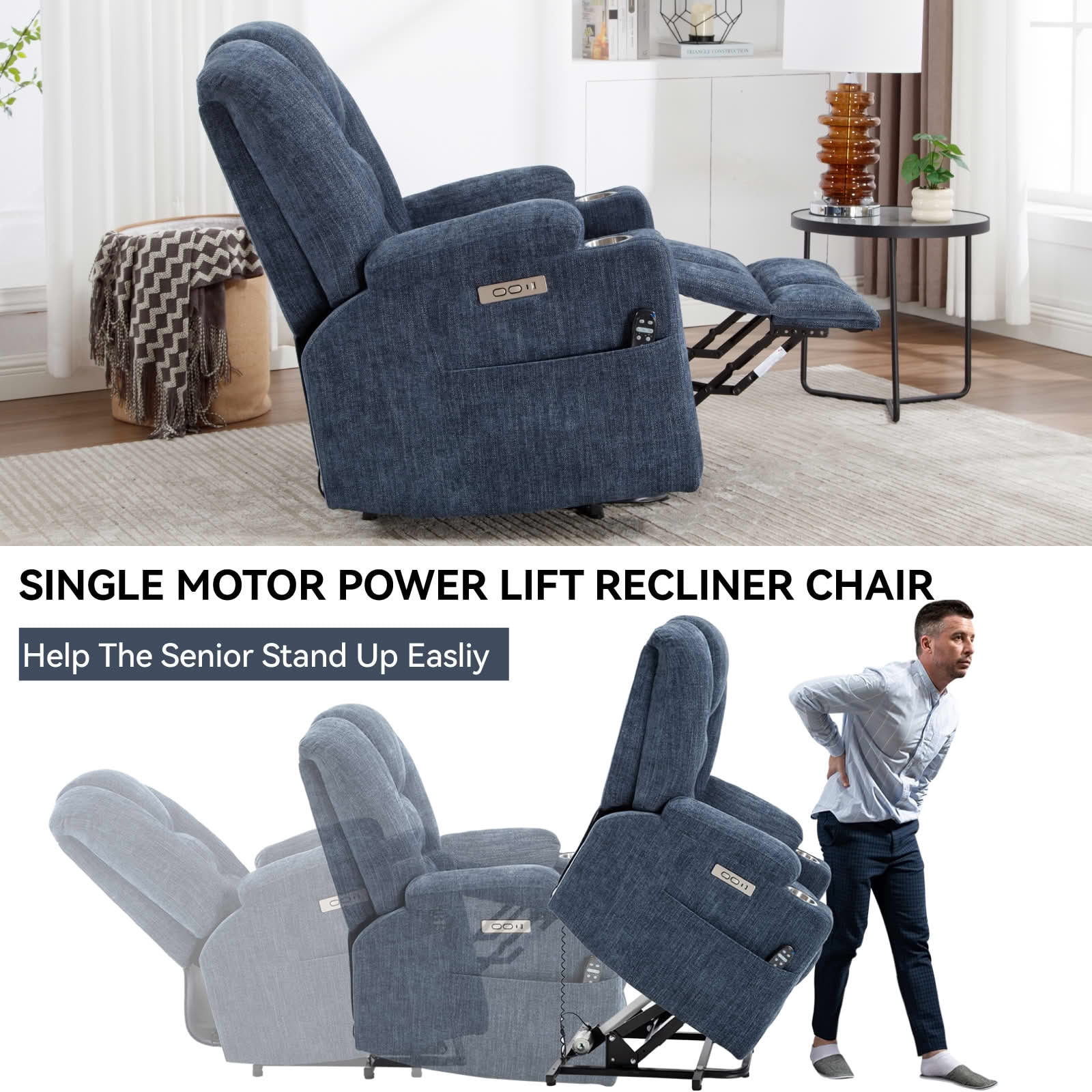 MAYEERTY Blue Overstuffed Chenille Lift Recliner, Heavy Duty Motion Recliner Chair with Massage Heat USB-C Ports Steel Cup Holders for Elderly