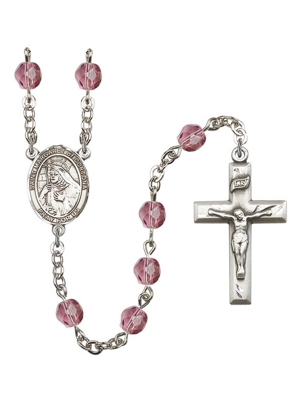 18-Inch Rhodium Plated Necklace with 4mm Light Amethyst Birthstone Beads and Sterling Silver Saint Margaret of Cortona Charm. 18-Inch Rhodium Plated Necklace with 4mm Light Amethyst Birthstone Beads and Sterling Silver Saint Margaret of Cortona Charm.