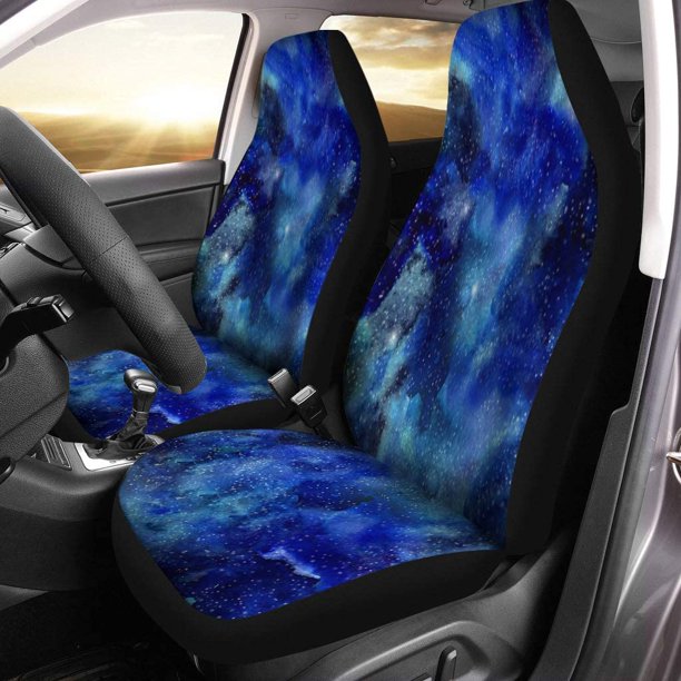 POGLIP Set of 2 Car Seat Covers Blue Galaxy Pattern Watercolor Wash Abstract Space Painting Colorful Universal Auto Front Seats Protector Fits for