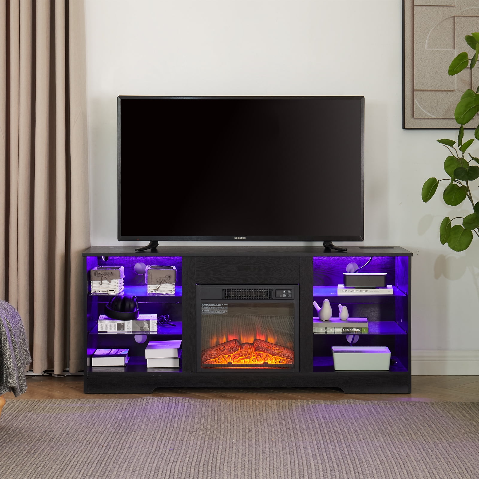 Homhougo 14000W Electric Fireplace TV Stand for 55 inch TV, Entertainment Center with 18'' Fireplace and LED Lights, 7 Flame Color Setting TV Console with Open Glass Shelf, Black