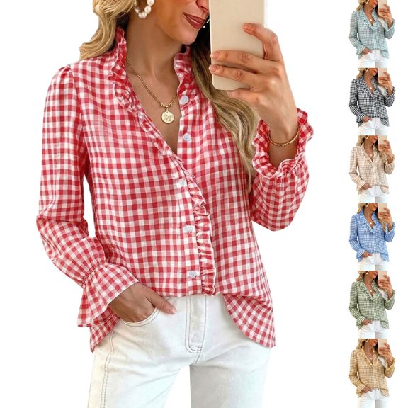 Only Moment Button Down Shirts for Women Long Sleeve V Neck Plaid Blouse Polyester-Cotton Blend Collared Blouses Business Casual Outfits Light Blue,S