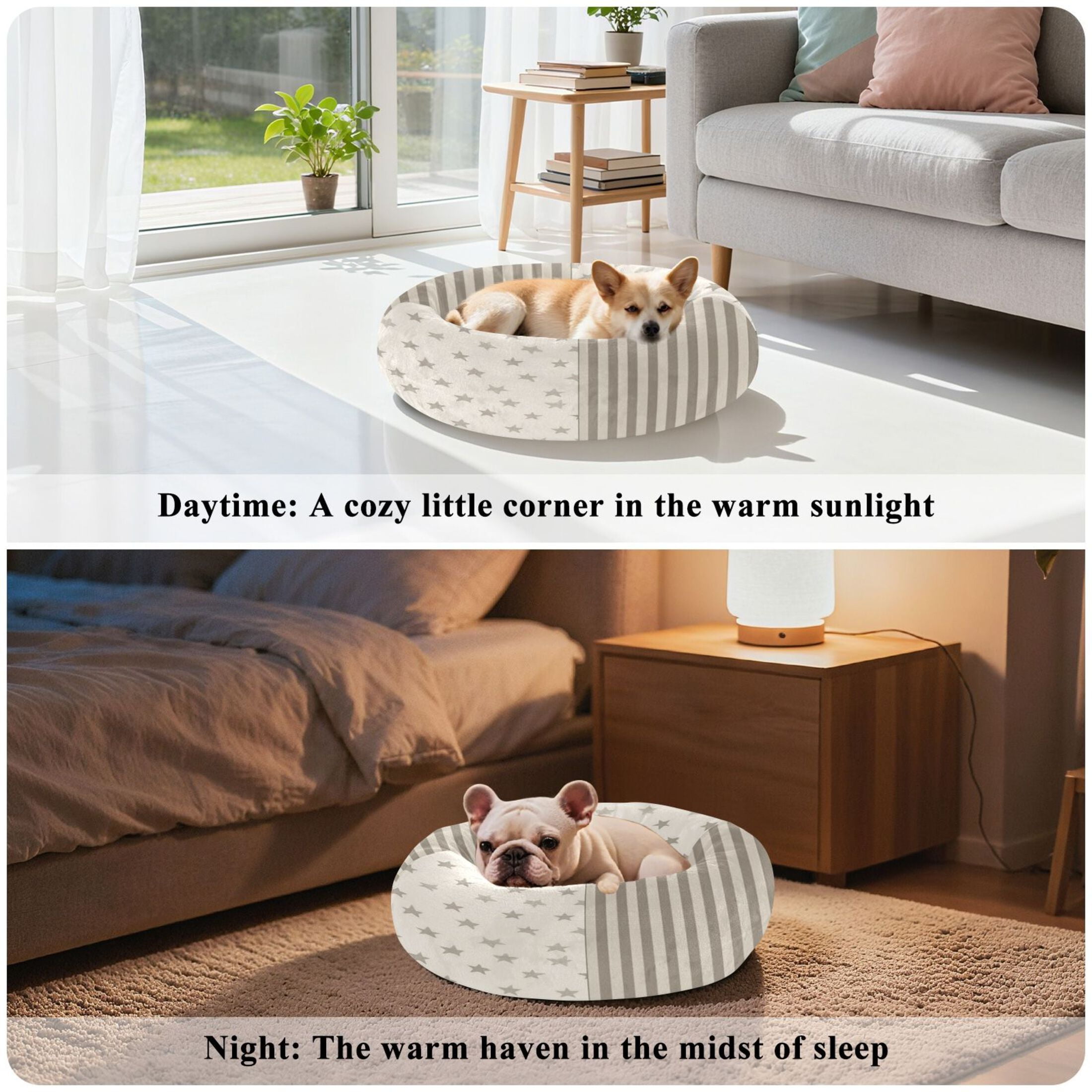 Iauyy Pet Couch Donut Cat Bed for Indoor Cats/Small Dogs Washable & Machine with Non-slip Bottom Calming Cat Furniture, Star-shaped and Striped (XS)