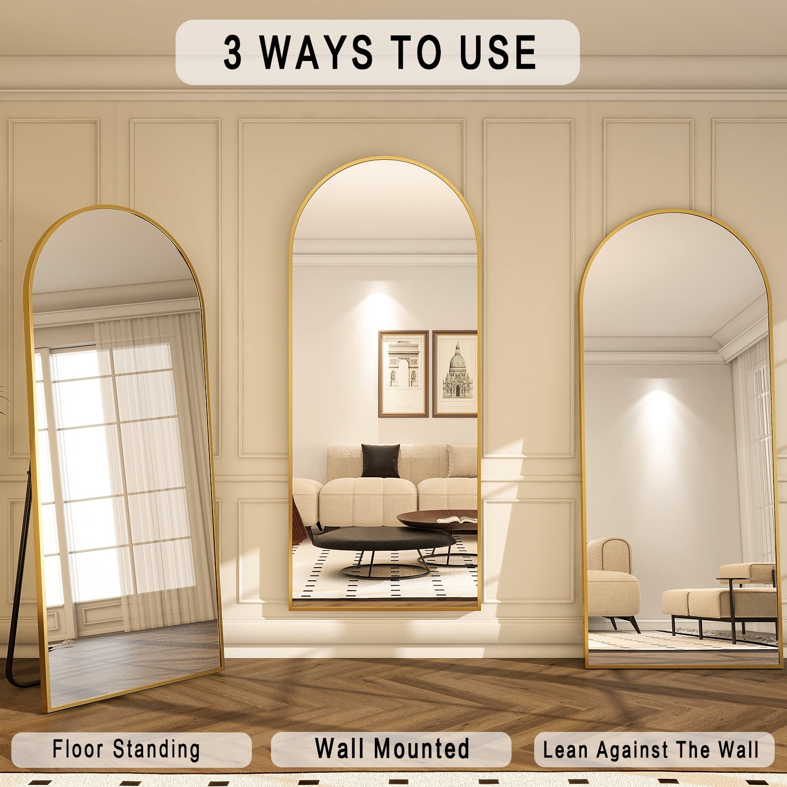 Anyrose 56.4"x21" Arched Modern Full Length Mirror Free standing Floor Mirror with Aluminum Frame, Gold