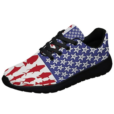 

Fishing Fish July 4th Patriotic American flag Shoes Sneakers Black Size 4.5