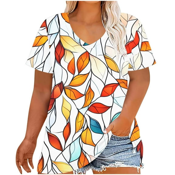 DJskiyers Womens Oversized Graphic Tees V Neck Plus Size Shirt Floral Print Short Sleeve Summer T-Shirt Boho Tops 2025