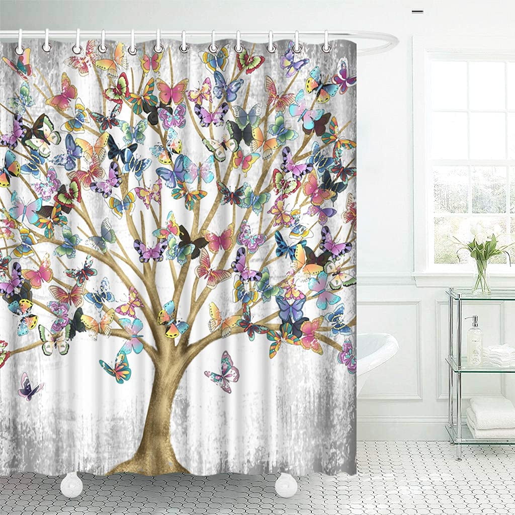 SPXUBZ Tree of Life Shower Curtain Fabric Vintage Colorful Butterflies