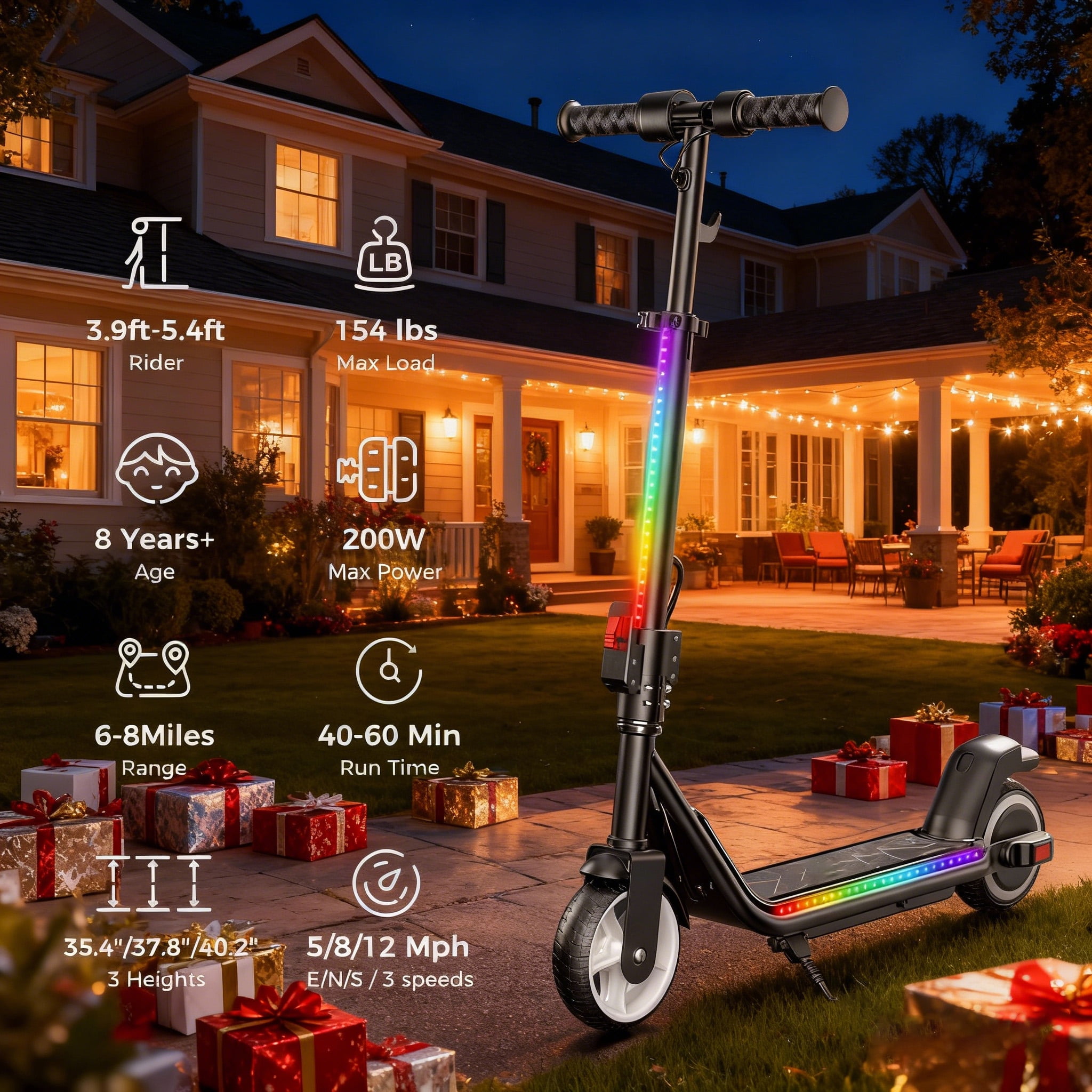Electric Scooter for Kids 8+, 200W Escooter & Bluetooth, Horn, LED Display, 3-Speeds & Heights for Teens, Dual Brake, 3-Light Modes - Foldable 6.5'' Tires Kids Scooter Gift for Boys Girls