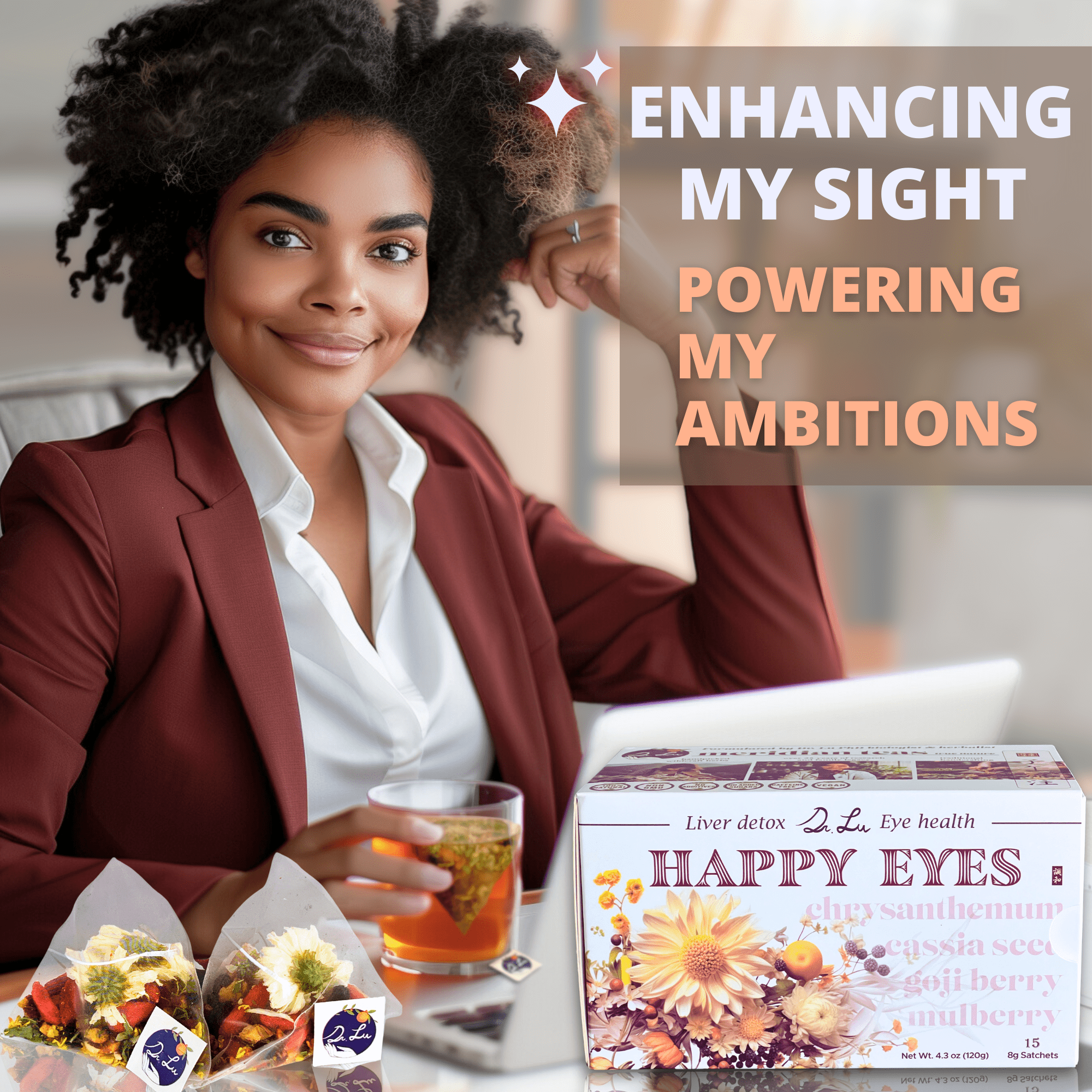 Dr. Lu’s Happy Eyes Tea | Eyebright Tea for Liver Cleanse | Liver Detox Tea for Eye Health | 8-Flavor Chinese Herbal Tea Made in US | Chrysanthemum Tea with Cassia seed, Goji berries, Mulberries…
