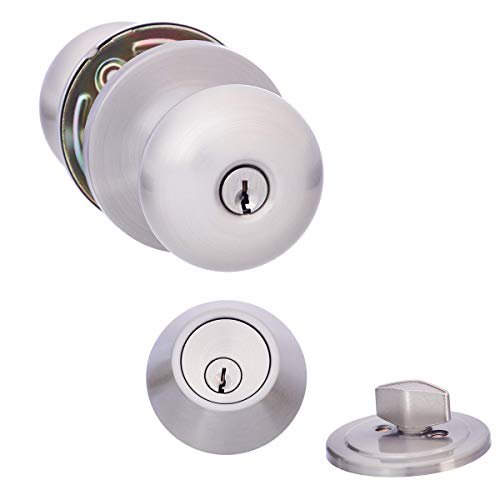 Exterior Door Knob With Lock and Deadbolt, Round, Satin Nickel